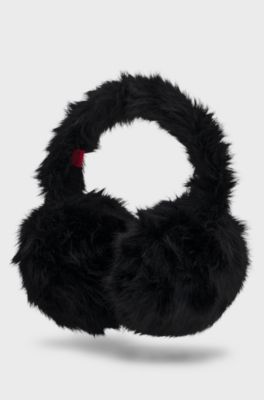 Faux-fur earwarmers with metallic logo detail, Black