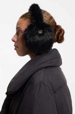 Faux-fur earwarmers with metallic logo detail, Black