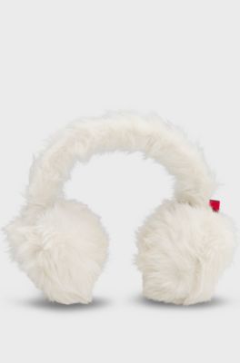 Faux-fur earwarmers with metallic logo detail, Natural