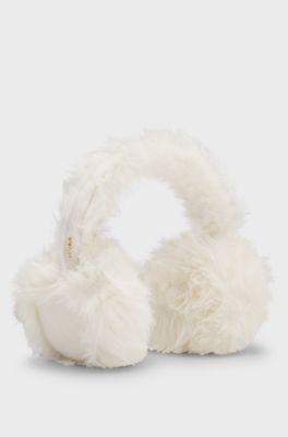 Faux-fur earwarmers with metallic logo detail, Natural