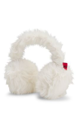 Faux-fur earwarmers with metallic logo detail, Natural