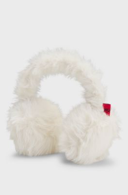 Faux-fur earwarmers with metallic logo detail, Natural