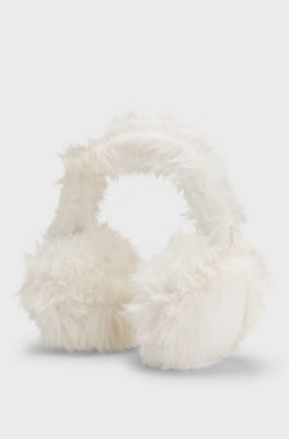 Faux-fur earwarmers with metallic logo detail, Natural
