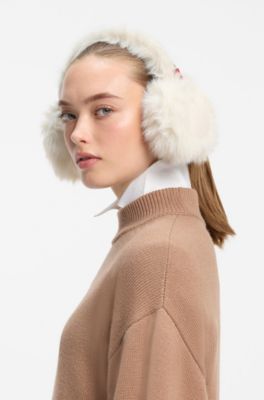 Faux-fur earwarmers with metallic logo detail, Natural