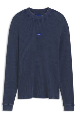 Waffle-cotton T-shirt with logo badge, Dark Blue