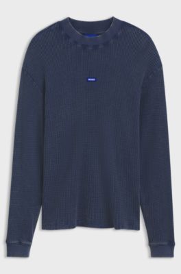 Waffle-cotton T-shirt with logo badge, Dark Blue