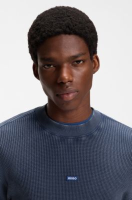Waffle-cotton T-shirt with logo badge, Dark Blue