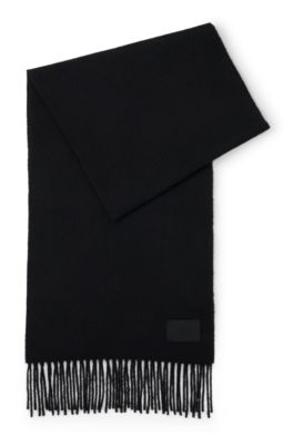Sciarpa in misto lana con frange e etichetta con logo, Nero
