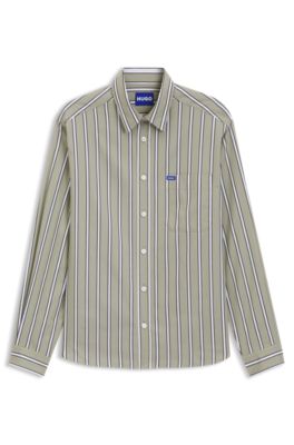 Oversized-fit shirt in striped cotton poplin, Beige Patterned