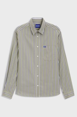 Oversized-fit shirt in striped cotton poplin, Beige Patterned