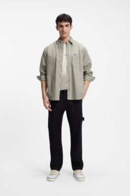 Oversized-fit shirt in striped cotton poplin, Beige Patterned