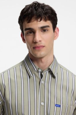 Oversized-fit shirt in striped cotton poplin, Beige Patterned