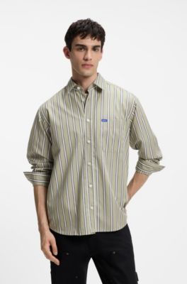 Oversized-fit shirt in striped cotton poplin, Beige Patterned