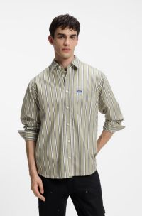 Oversized Hemd aus gestreifter Baumwoll-Popeline, Beige gemustert