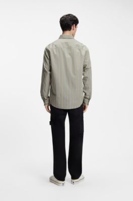 Oversized-fit shirt in striped cotton poplin, Beige Patterned