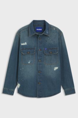 Oversize-fit denim overshirt with paint splashes, Dark Blue