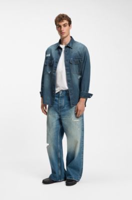 Oversize-fit denim overshirt with paint splashes, Dark Blue