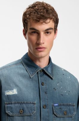 Oversize-fit denim overshirt with paint splashes, Dark Blue
