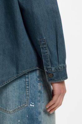 Oversize-fit denim overshirt with paint splashes, Dark Blue