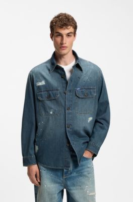 Oversize-fit denim overshirt with paint splashes, Dark Blue