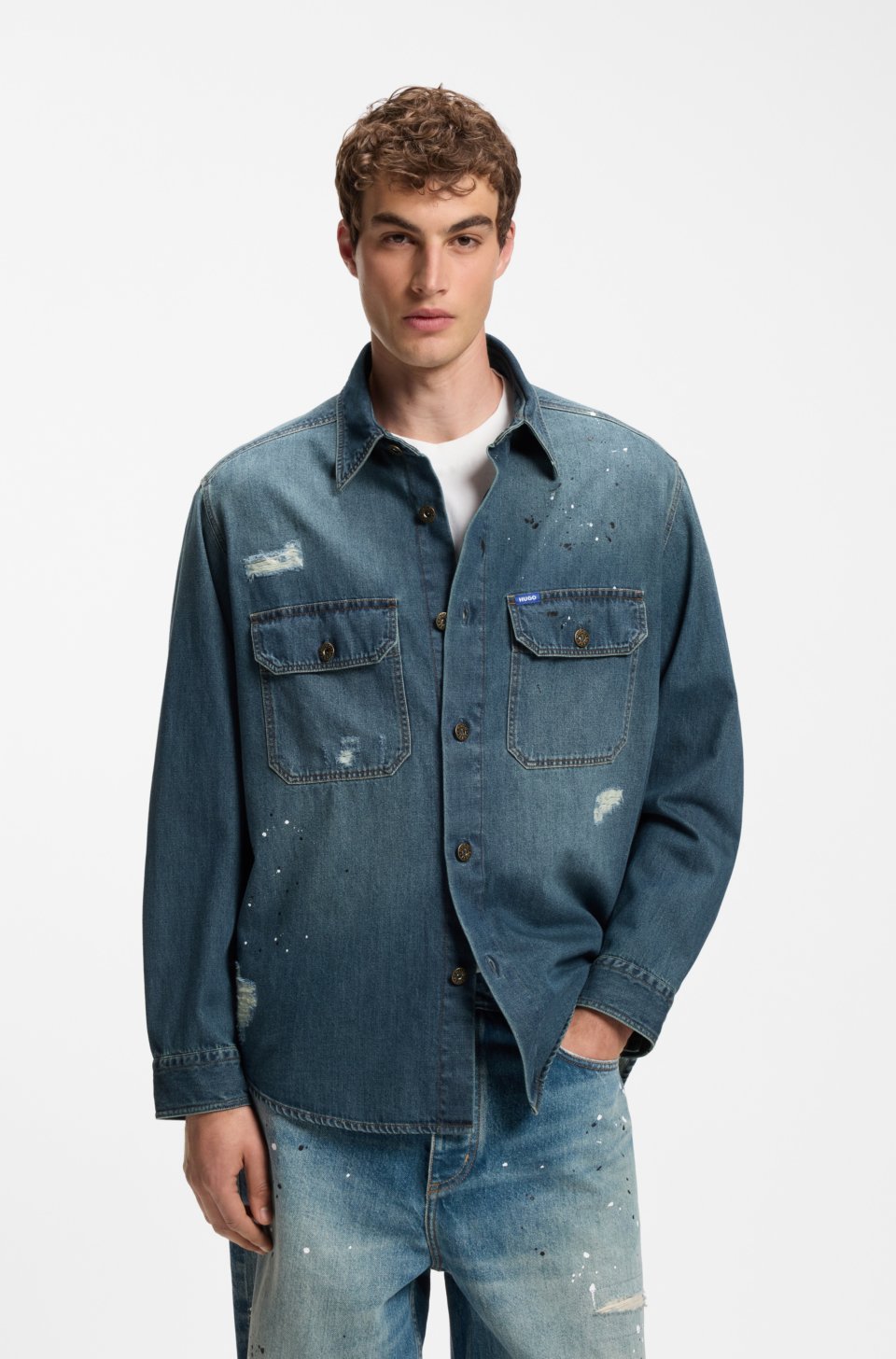 Oversize-fit denim overshirt with paint splashes