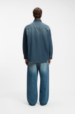 Oversize-fit denim overshirt with paint splashes, Dark Blue