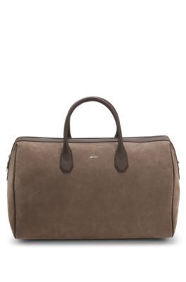 Recycled-suede holdall with metallic logo lettering, Light Brown