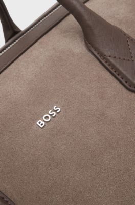 Recycled-suede holdall with metallic logo lettering, Light Brown