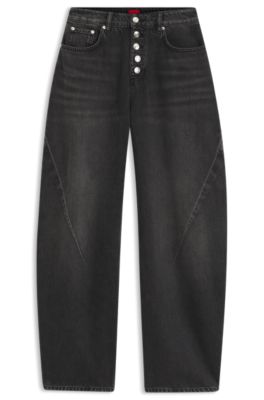 Barrel-fit jeans in black denim with button fly, Dark Grey