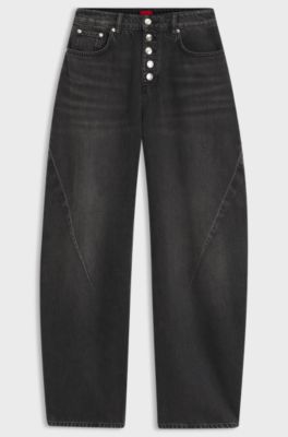 Barrel-fit jeans in black denim with button fly, Dark Grey