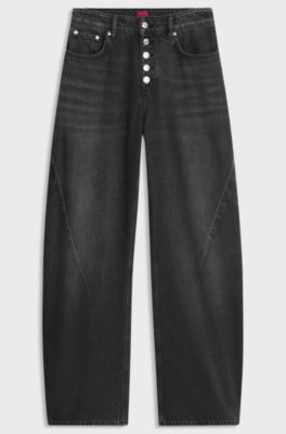 Barrel-fit jeans in black denim with button fly, Dark Grey