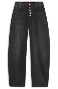 Barrel-fit jeans in black denim with button fly, Dark Grey