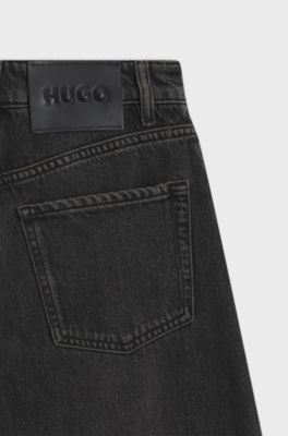 Barrel-fit jeans in black denim with button fly, Dark Grey