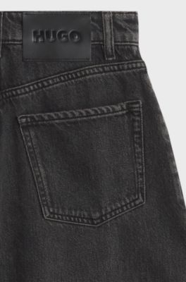 Barrel-fit jeans in black denim with button fly, Dark Grey