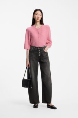 Barrel-fit jeans in black denim with button fly, Dark Grey