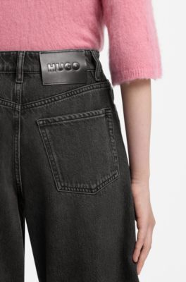 Barrel-fit jeans in black denim with button fly, Dark Grey