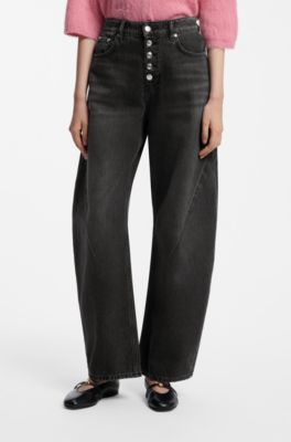 Barrel-fit jeans in black denim with button fly, Dark Grey