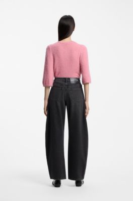 Barrel-fit jeans in black denim with button fly, Dark Grey