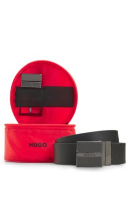 Italian-made reversible leather belt in branded pouch, Black