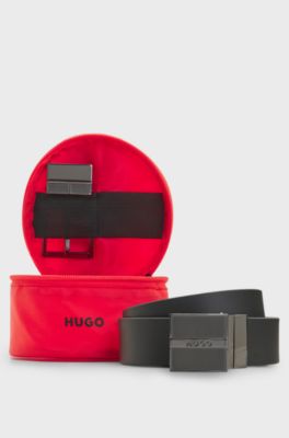 Italian-made reversible leather belt in branded pouch, Black