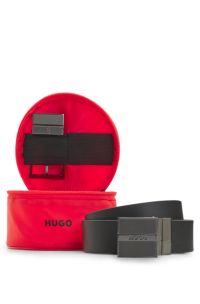 Italian-made reversible leather belt in branded pouch, Black