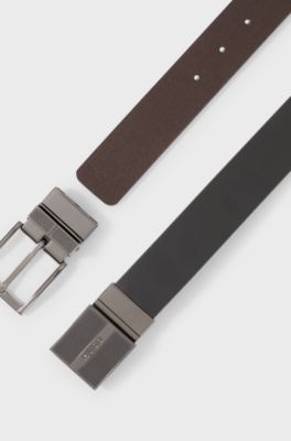 Italian-made reversible leather belt in branded pouch, Black