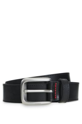 Leather business belt with logo-engraved buckle, Black