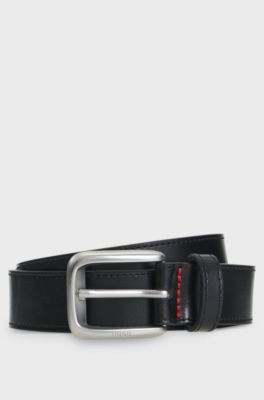 Leather business belt with logo-engraved buckle, Black