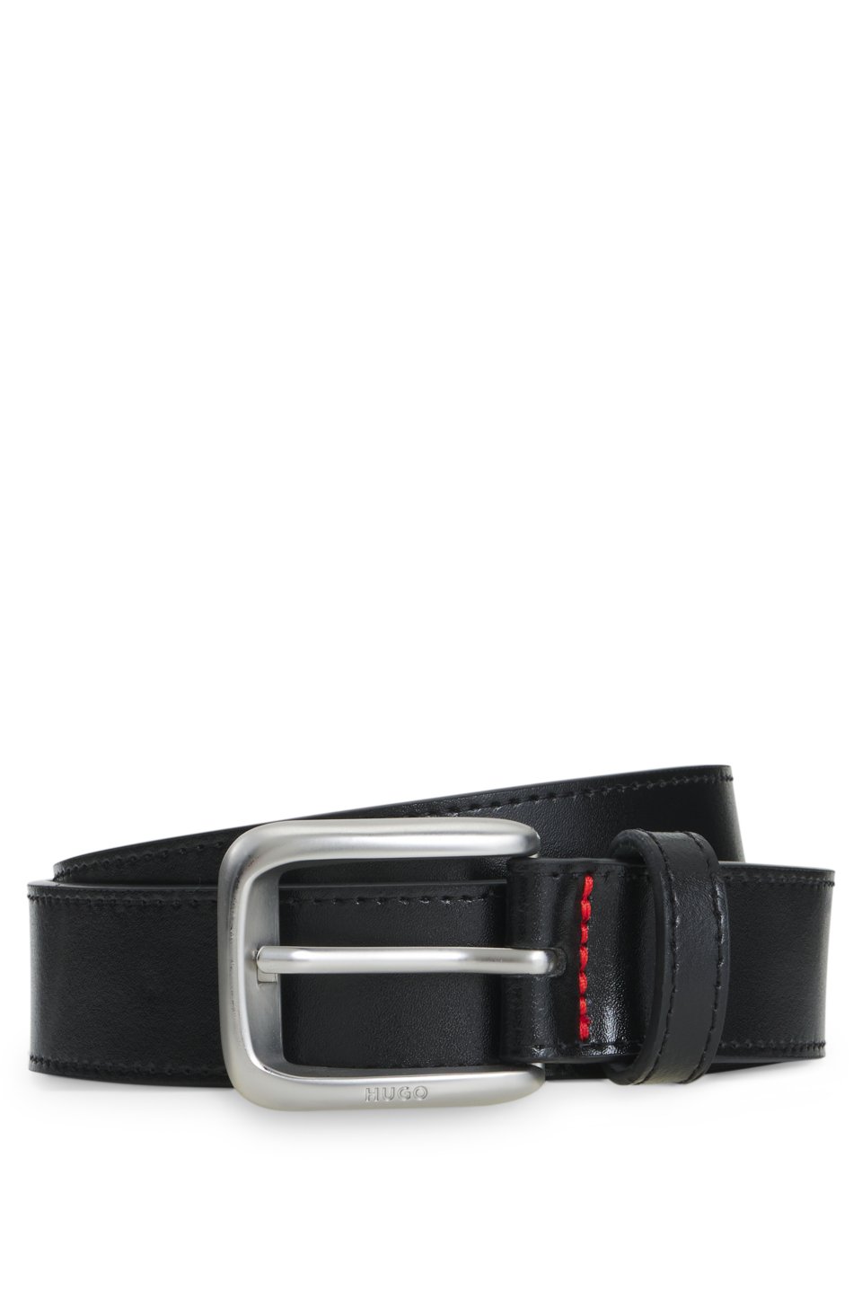 Leather business belt with logo-engraved buckle