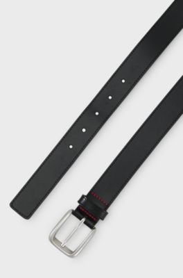 Leather business belt with logo-engraved buckle, Black