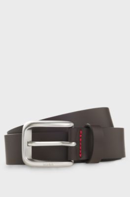 Cintura in pelle da abito con fibbia con logo inciso, Marrone scuro