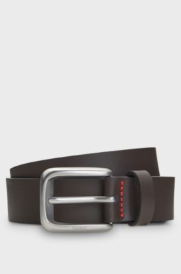 Leather business belt with logo-engraved buckle, Dark Brown