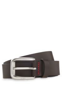 Leather business belt with logo-engraved buckle, Dark Brown