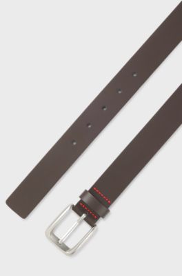 Leather business belt with logo-engraved buckle, Dark Brown